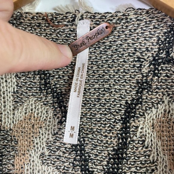 Free People Open Front Boho Cardigan Sweater Tan Black sz M - Picture 4 of 6